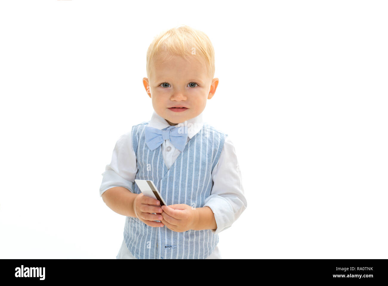 Good purchase. Boy child with credit card. Little cardholder. Little boy keep business card. Small child do credit card payment. Money transaction. Ge Stock Photo