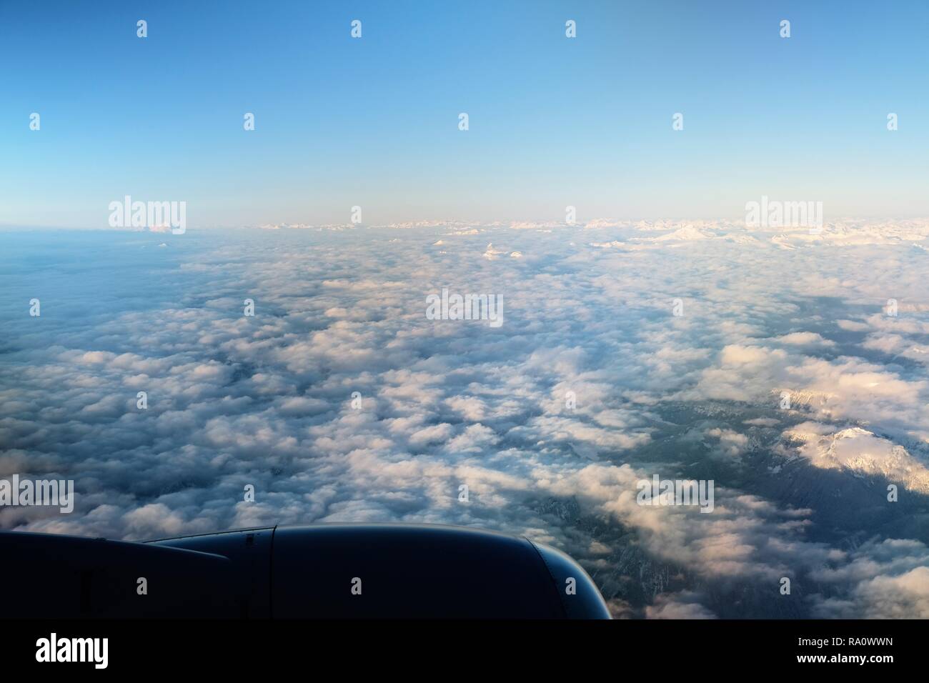 The Cascade Mountains in the Pacific Northwest (Seattle, Washington, USA) from an airplane flying overhead. Stock Photo