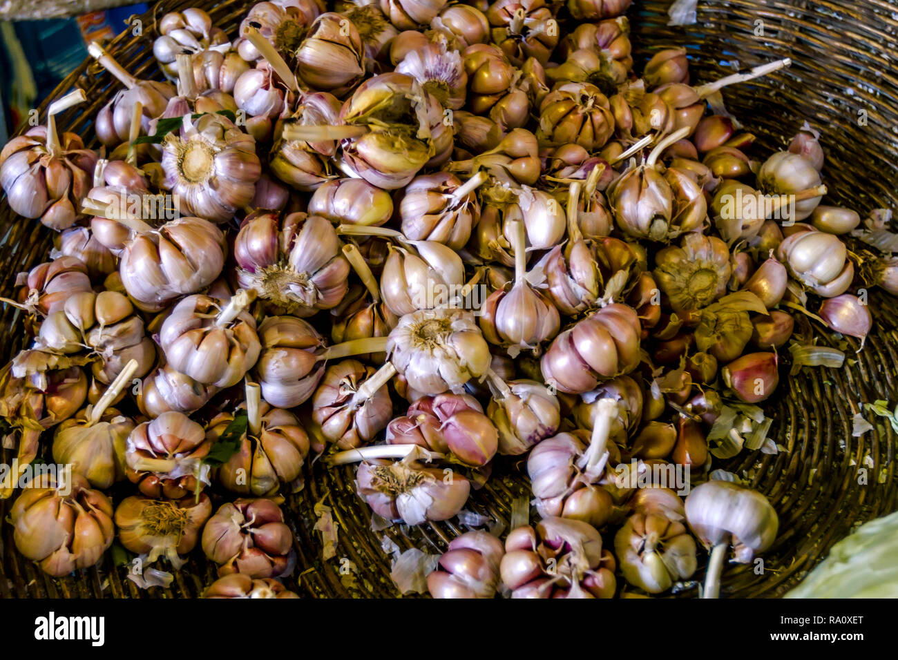 Asian market with garlic bulbs Stock Photo