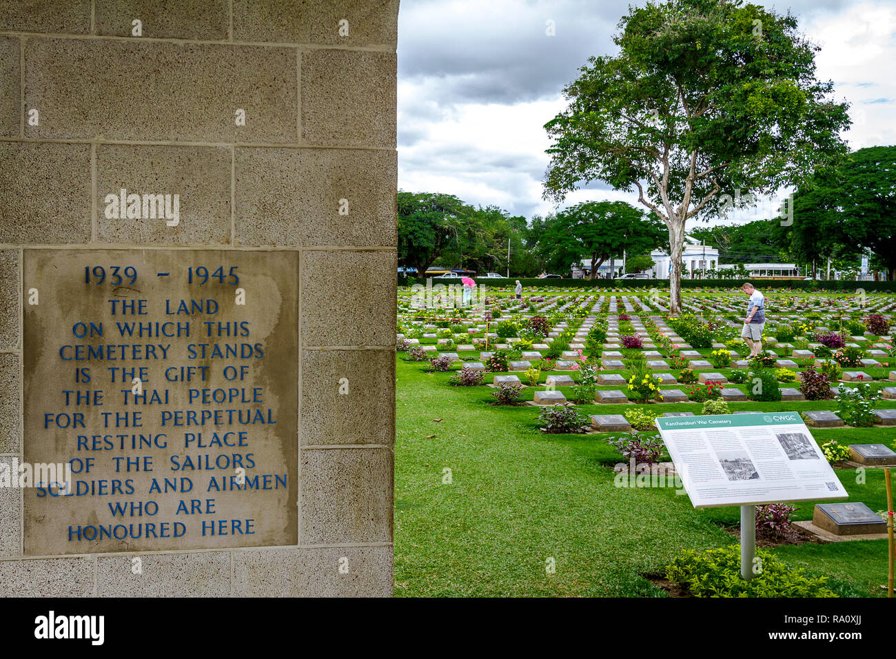 Wall inscription and picture of grave sites of war cemetary. Stock Photo