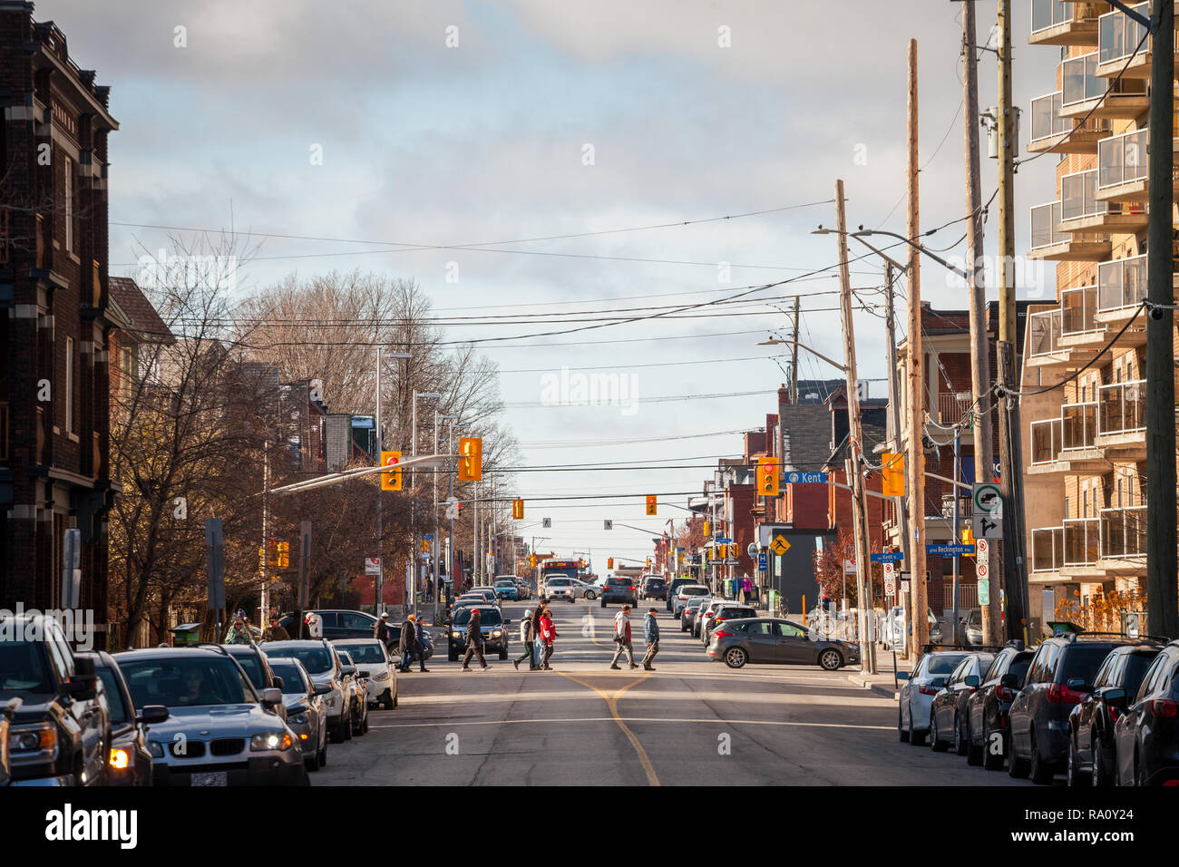 OTTAWA, CANADA - NOVEMBER 11, 2018: Typical north American residential street in autumn in Centretown, Ottawa, Ontario, during the afternoon with cars Stock Photo