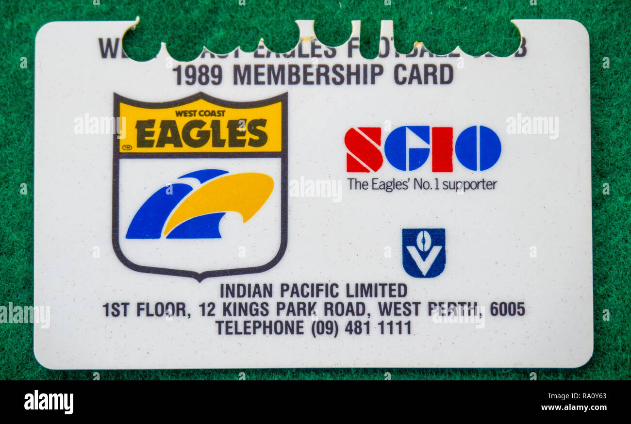 West Coast Eagles Football Club membership card for the year 1989 Stock
