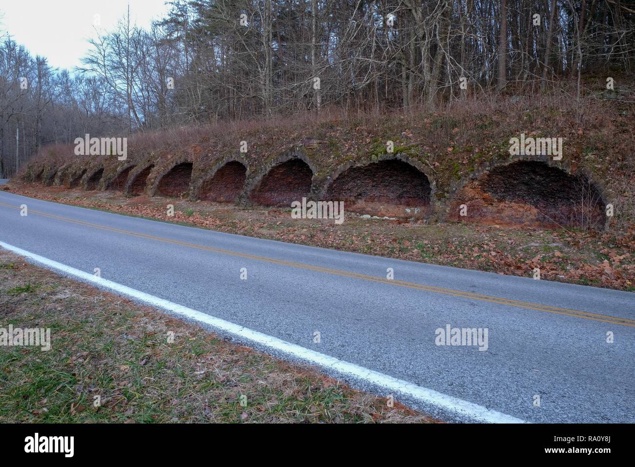 The remnants of several coke ovens line the road at Grundy Lakes Park