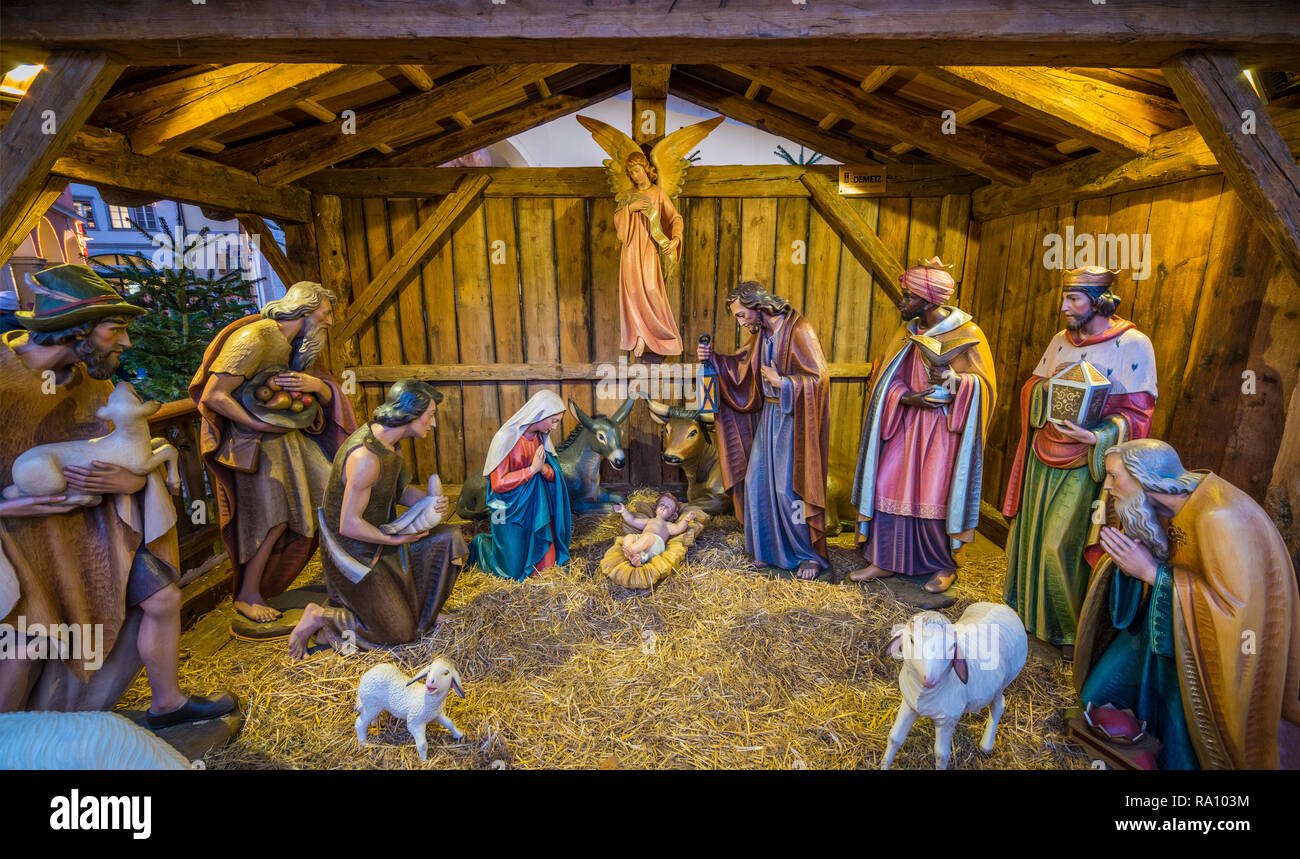 Christmas crib in Bolzano market. Trentino Alto Adige, Italy. Stock Photo
