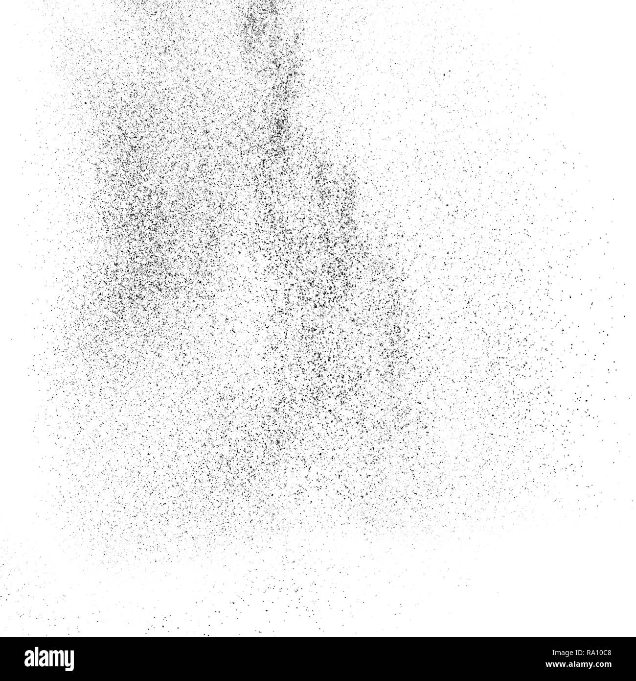 Black powder explosion against white background.The particles of charcoal splatted on white background. Closeup of black dust particles explode isolat Stock Photo