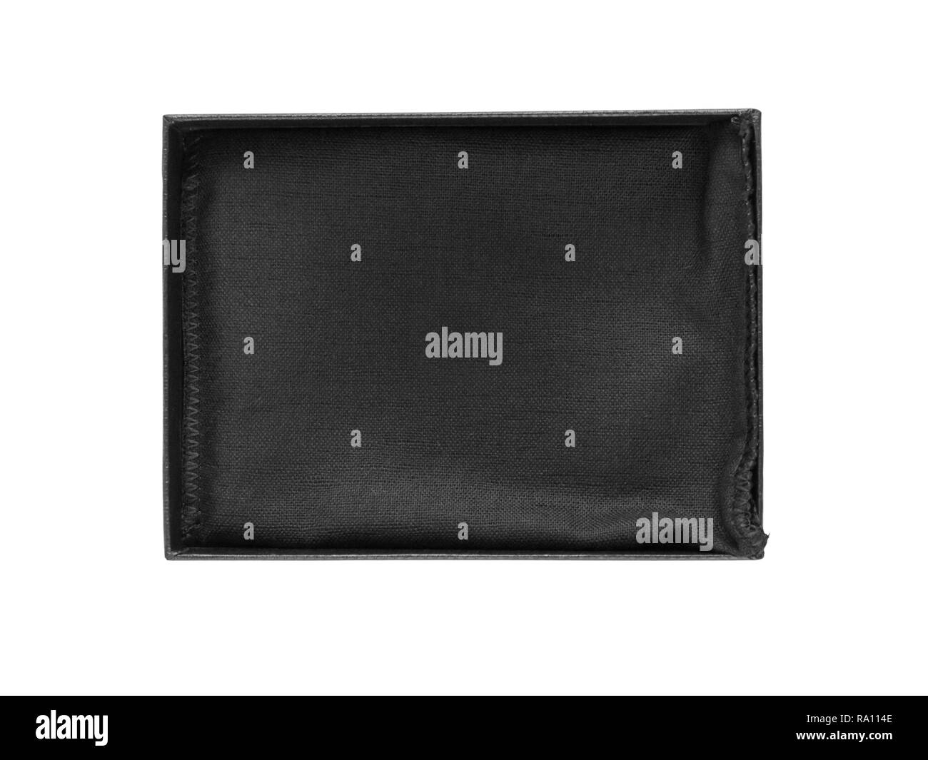 Black open gift or jewelry rectangular box with textile cloth inside isolated on white. Stock Photo