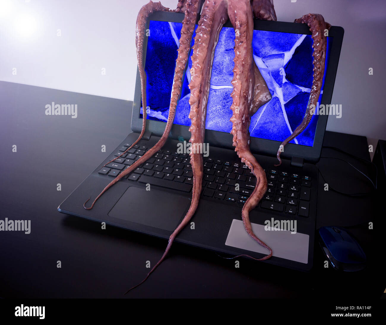 Computer virus concept. Laptop with broken screen seized by disgusting monster with long sticky tentacles. Stock Photo