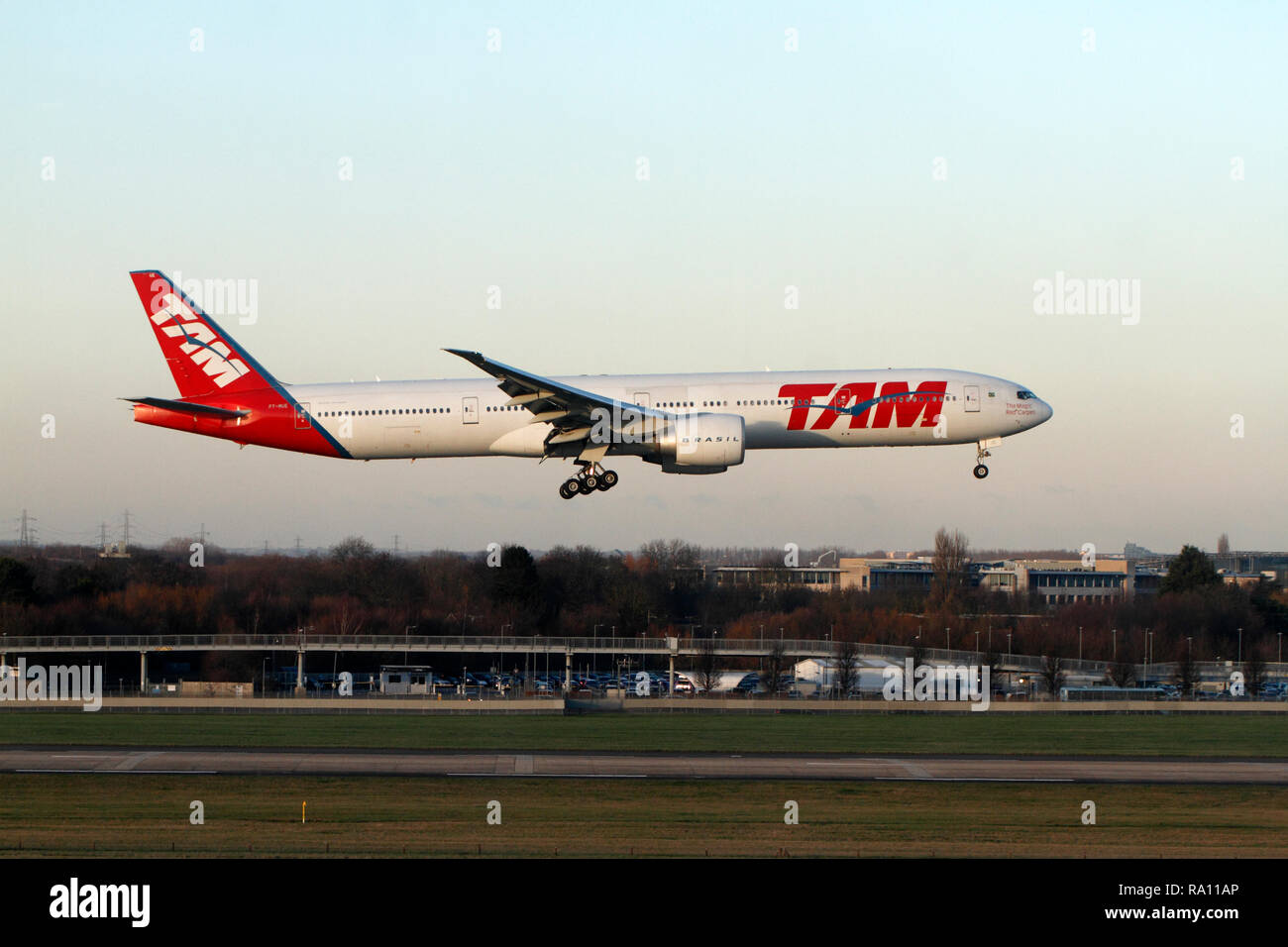 TAM Brazil airlines aircraft landing at Heathrow airport, UK Boeing 777-300. 777-32WER Stock Photo