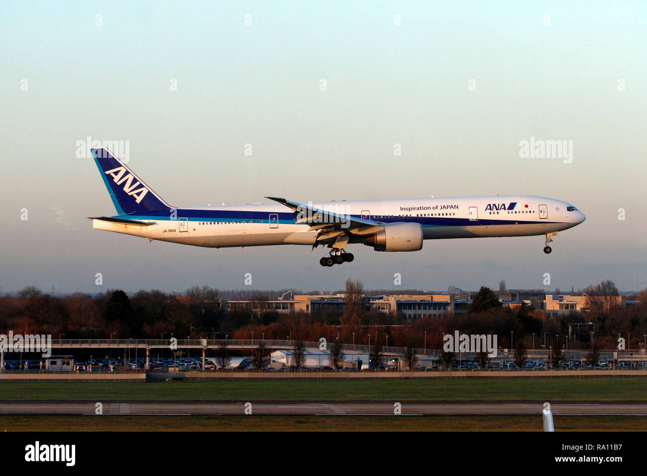 Boeing 777-300, ANA, JA785A, All Nippon Airways, landing at Heathrow, London airport terminal 5 runway. UK Stock Photo