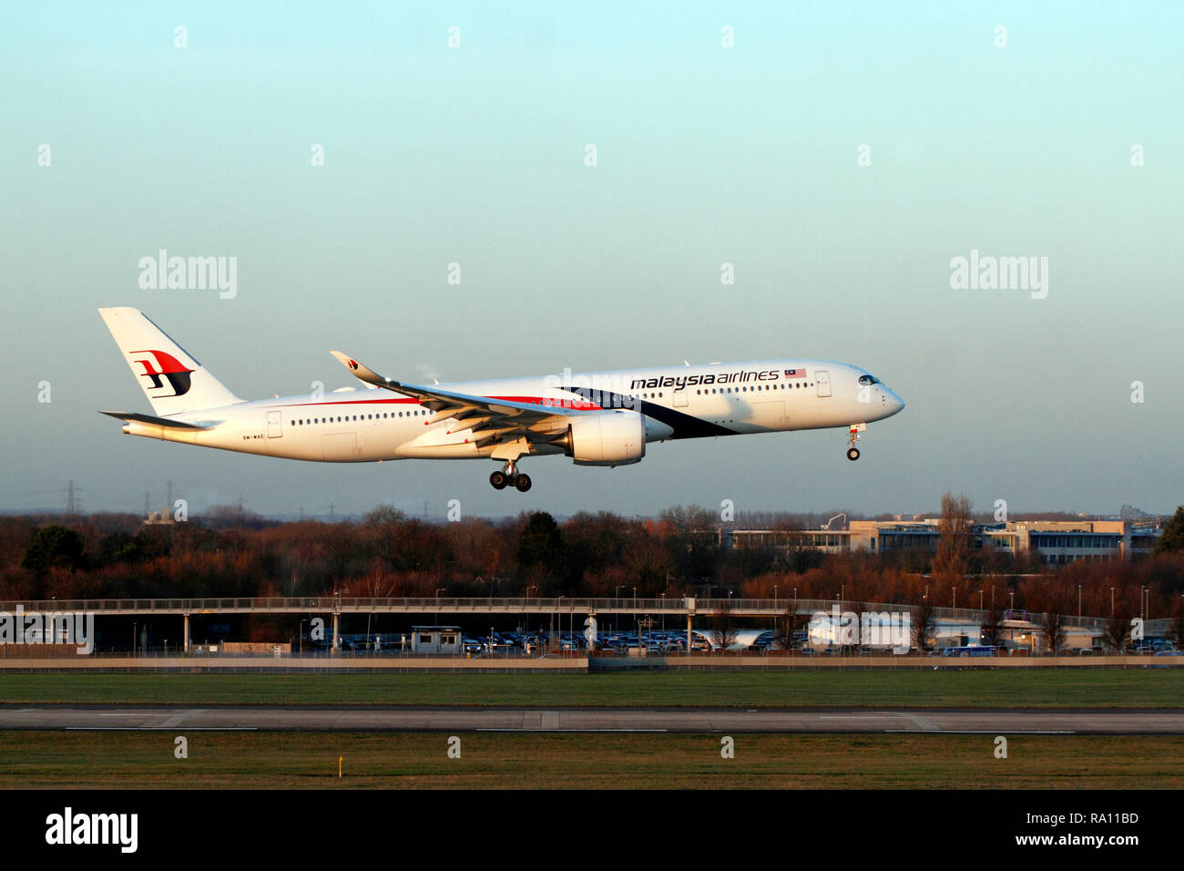 Malaysia Airlines Airbus A350-900, 9M-MAE landing at Heathrow, airport, London UK. Stock Photo