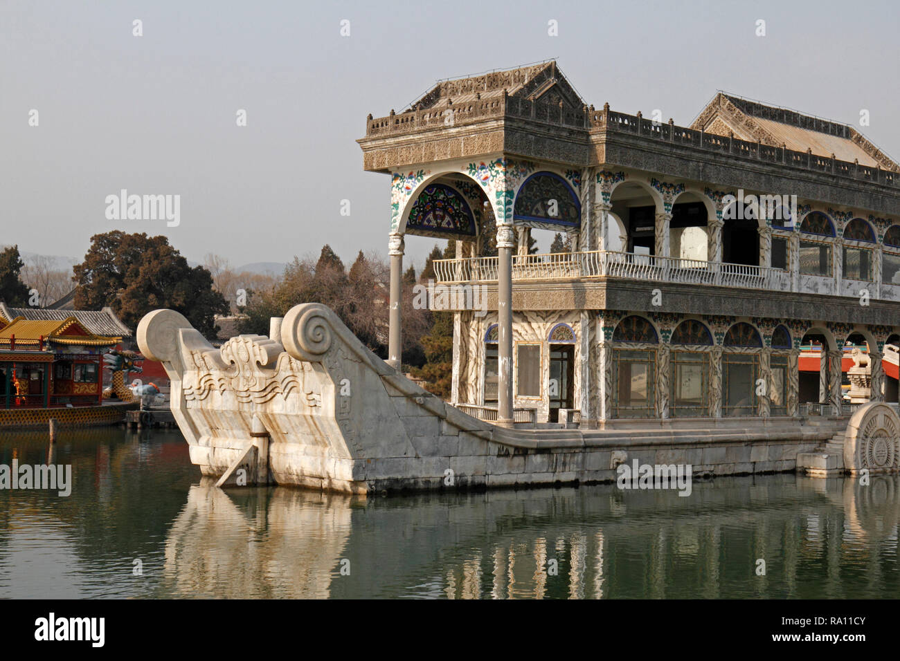 The stone or marble boat, made in 1755, Qing dynasty. Repaired  1893, Summer Palace, Beijing. China. Boat of Purity and Ease Clear and Peaceful Boat. Stock Photo