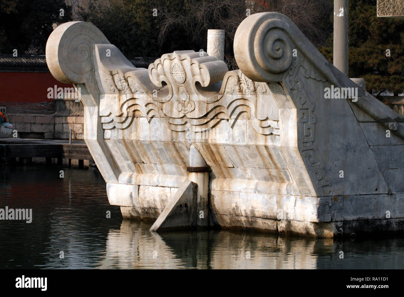 The stone or marble boat, made in 1755, Qing dynasty. Repaired  1893, Summer Palace, Beijing. China. Boat of Purity and Ease Clear and Peaceful Boat. Stock Photo