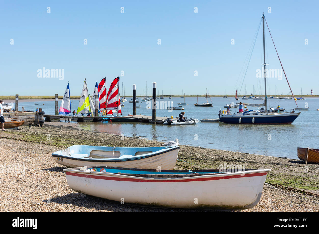 Beach and jetty on Orford Quay, Orford, Suffolk, England, United Kingdom Stock Photo