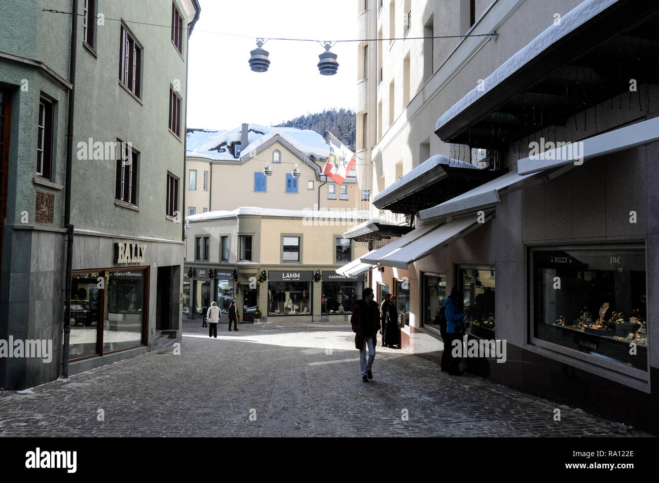 One of the main shopping streets Via Maisttra in St. Moritz, Switzerland Stock Photo Alamy