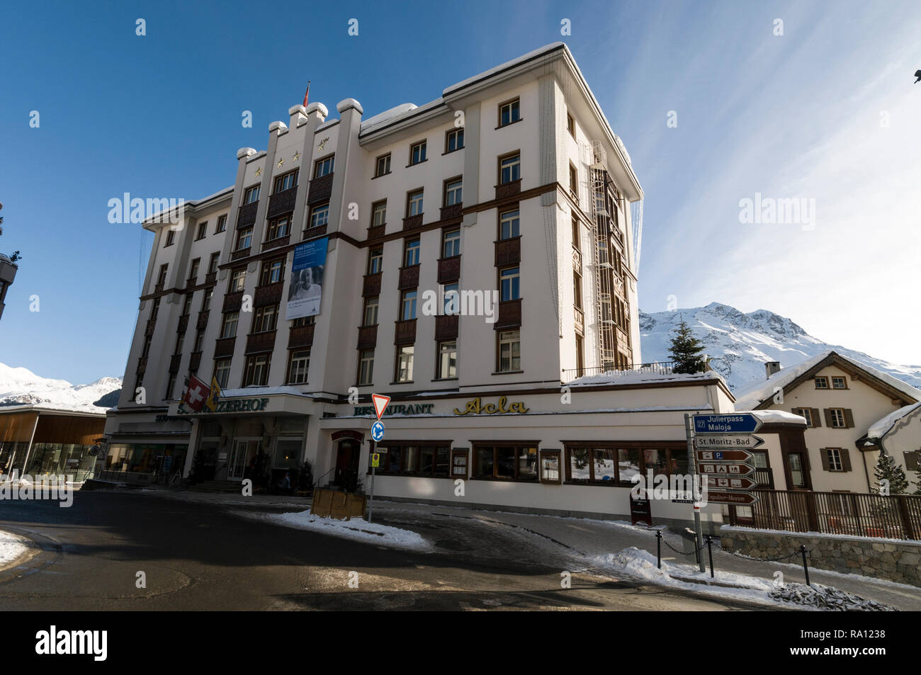 5 -star Hotel Schweizerhof on Via dal Bagn at St.Moritz in  Switzerland Stock Photo