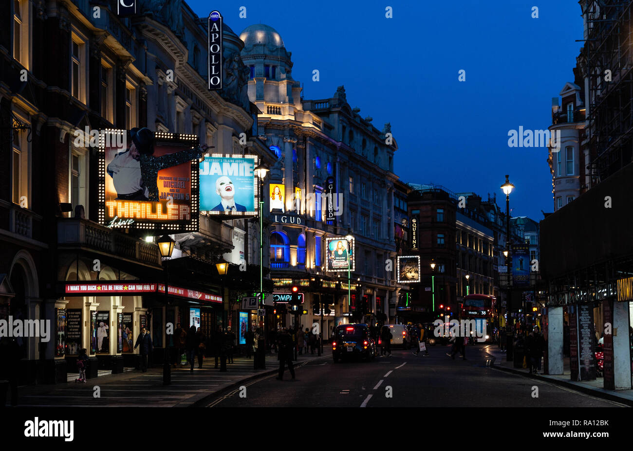 The West End theatre district at night, Shaftesbury Avenue, London, City of Westminster, W1, England, UK. Stock Photo