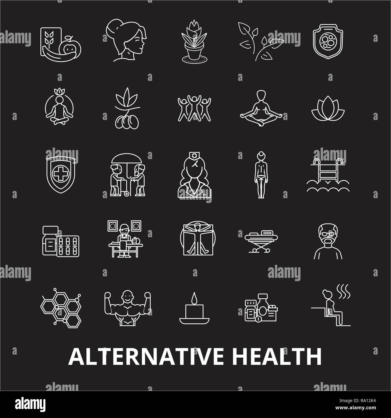 Alternative health editable line icons vector set on black background
