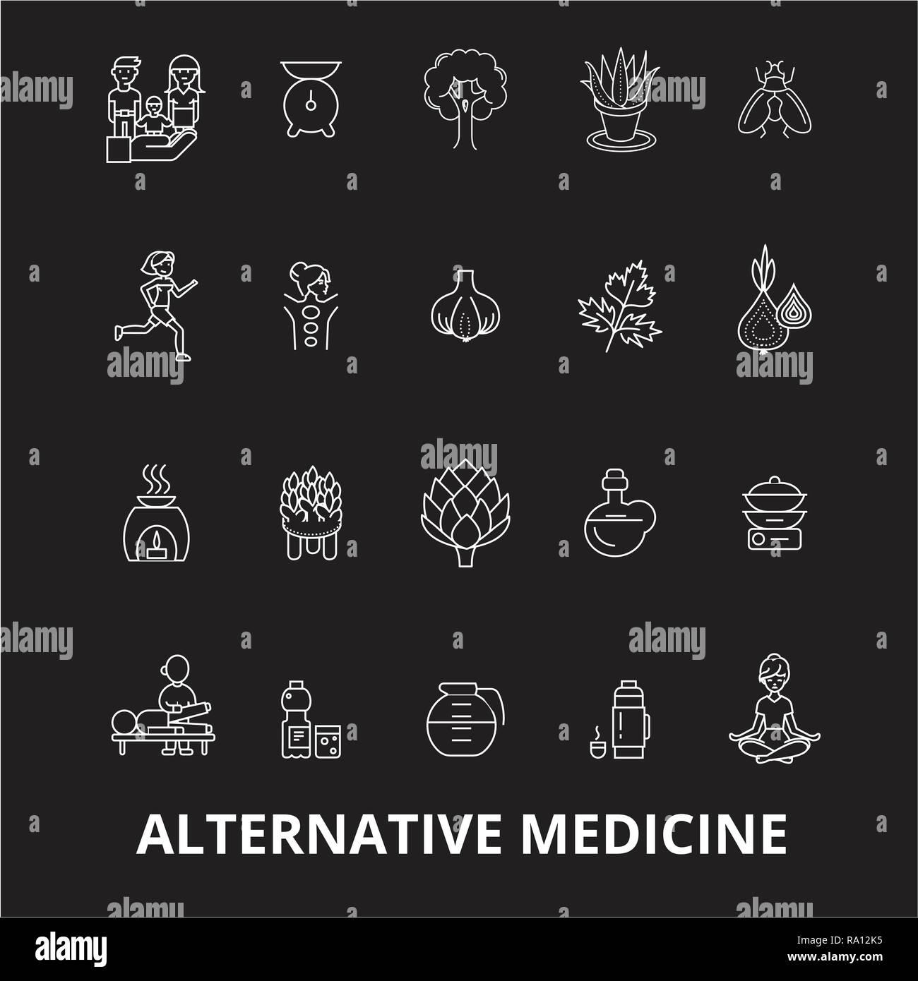 Alternative medicine editable line icons vector set on black background. Alternative medicine white outline illustrations, signs, symbols Stock Vector