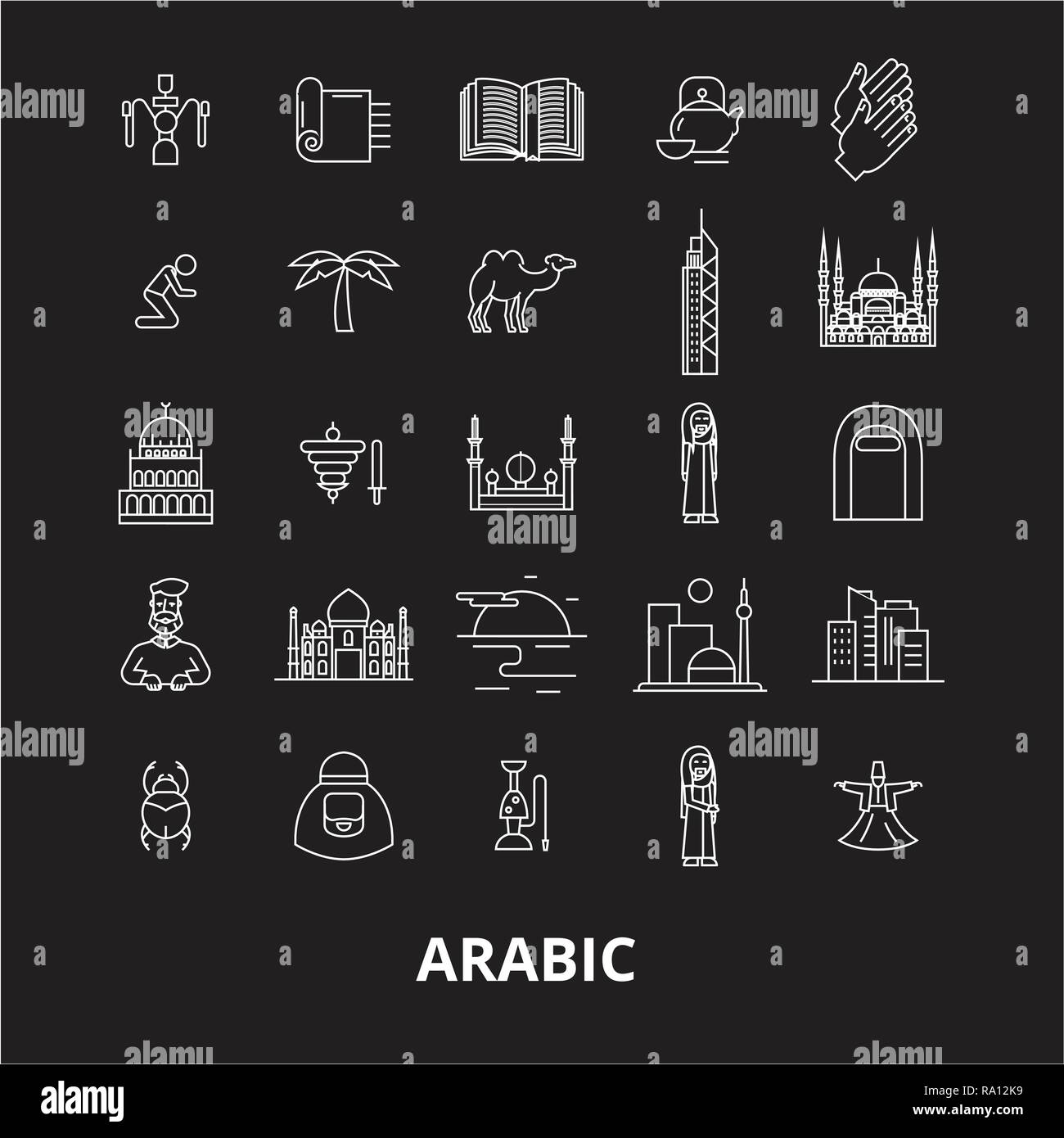 Arabic Editable Line Icons Vector Set On Black Background Arabic White Outline Illustrations Signs Symbols Stock Vector Image Art Alamy