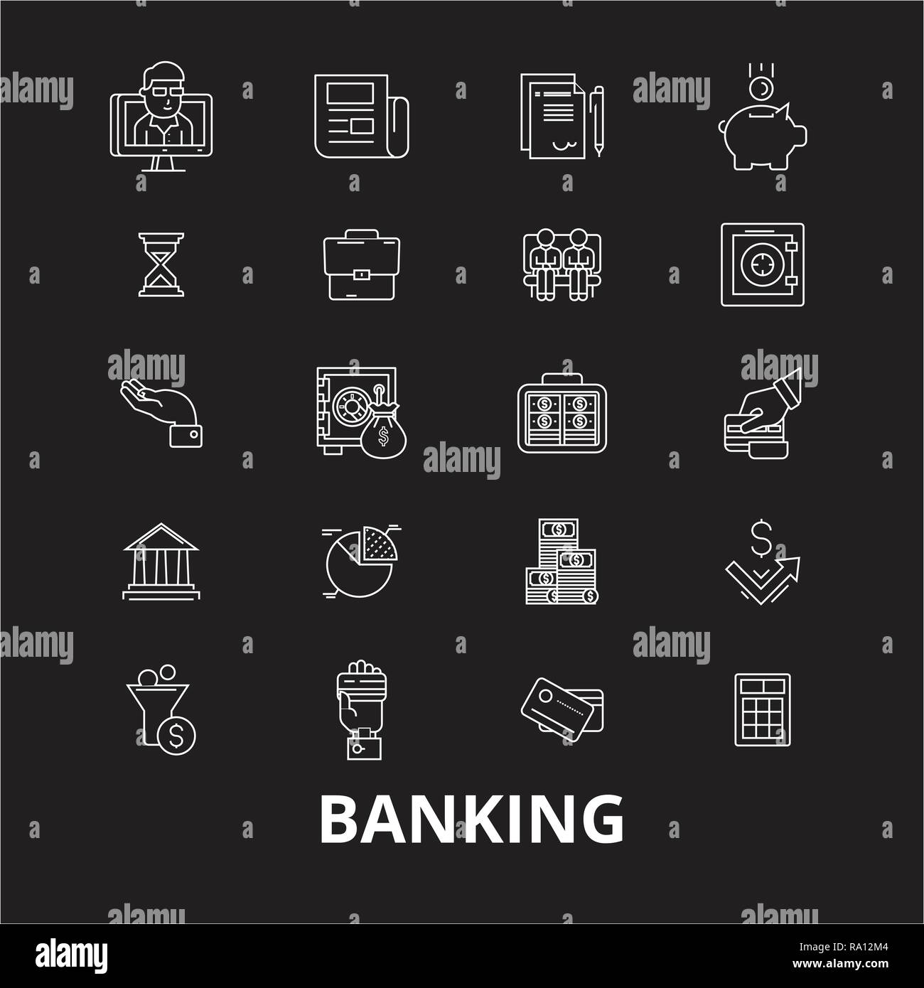 Banking editable line icons vector set on black background. Banking white outline illustrations, signs, symbols Stock Vector