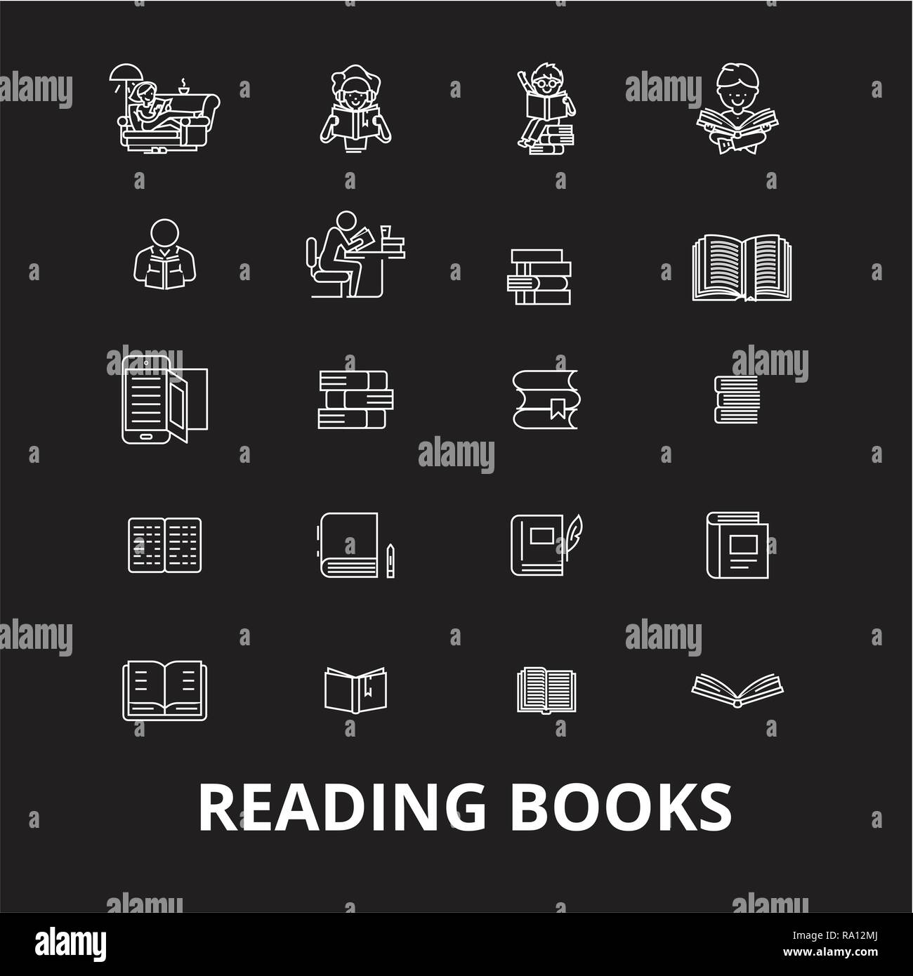 Books editable line icons vector set on black background. Books white ...