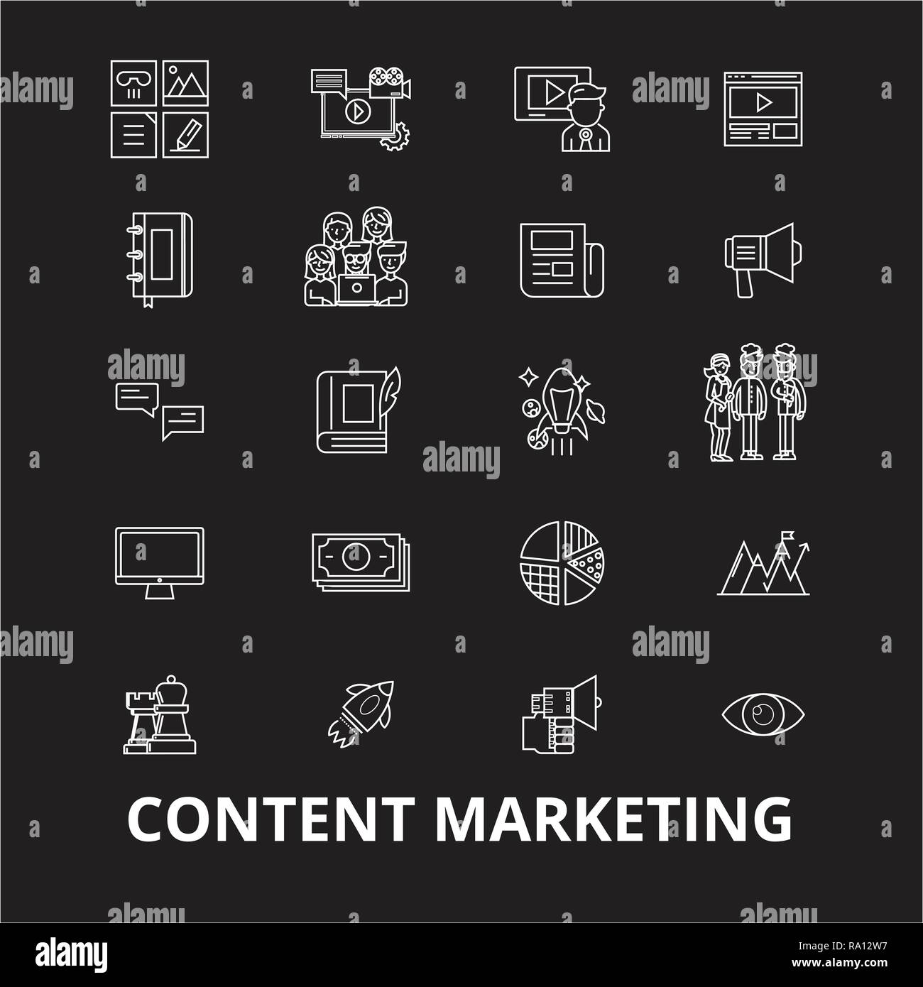 Content marketing editable line icons vector set on black background ...