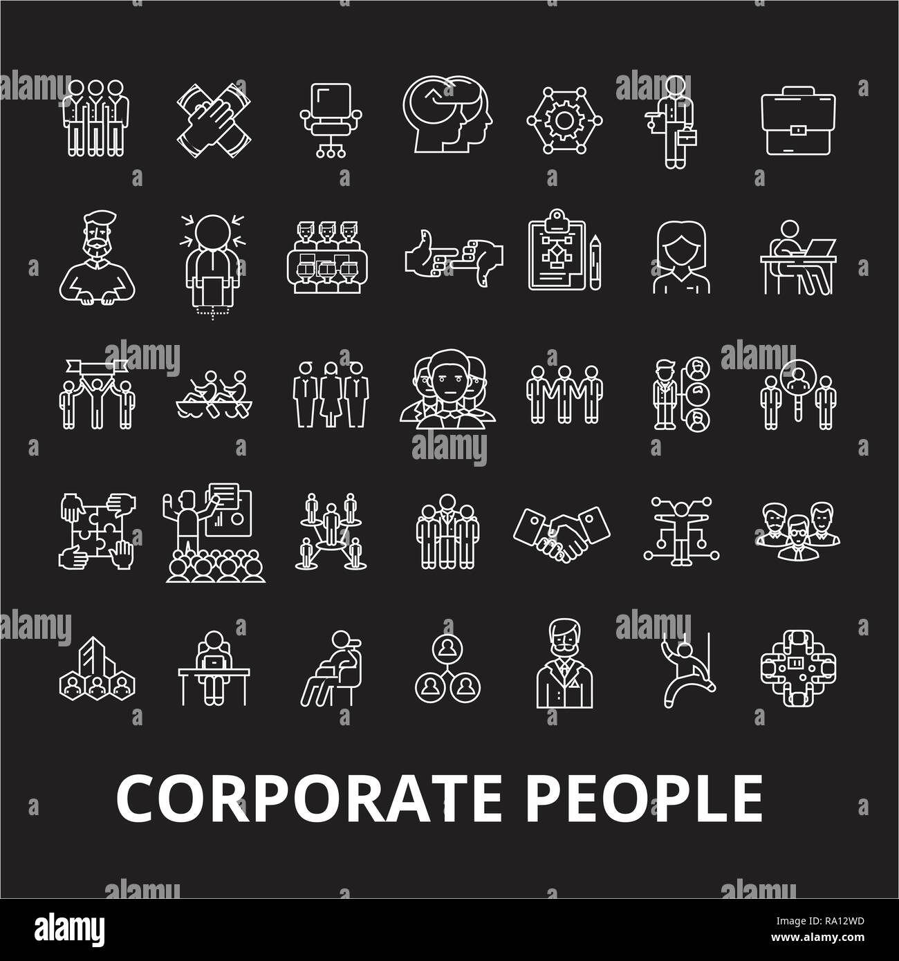 Corporate people editable line icons vector set on black background ...