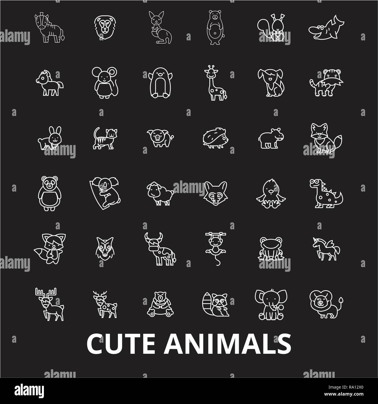 Cute animals editable line icons vector set on black background ...