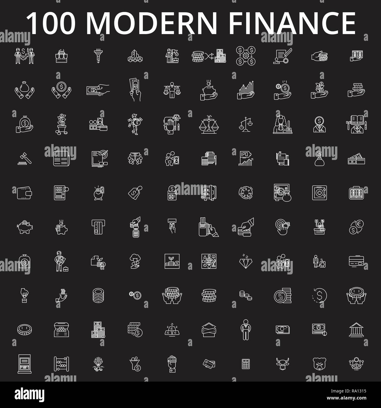 Finance icons editable line icons vector set on black background ...