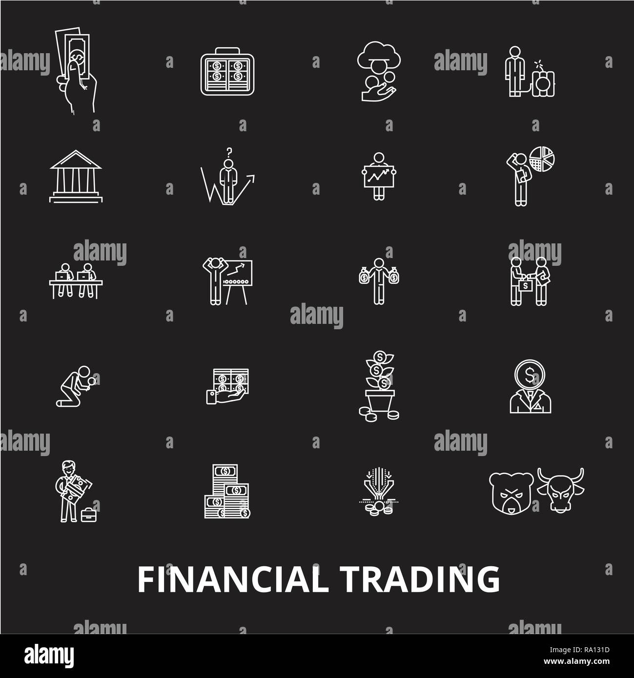 Financial trading editable line icons vector set on black background. Financial trading white outline illustrations, signs, symbols Stock Vector