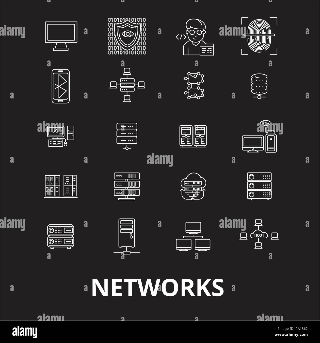 Networks editable line icons vector set on black background. Networks ...