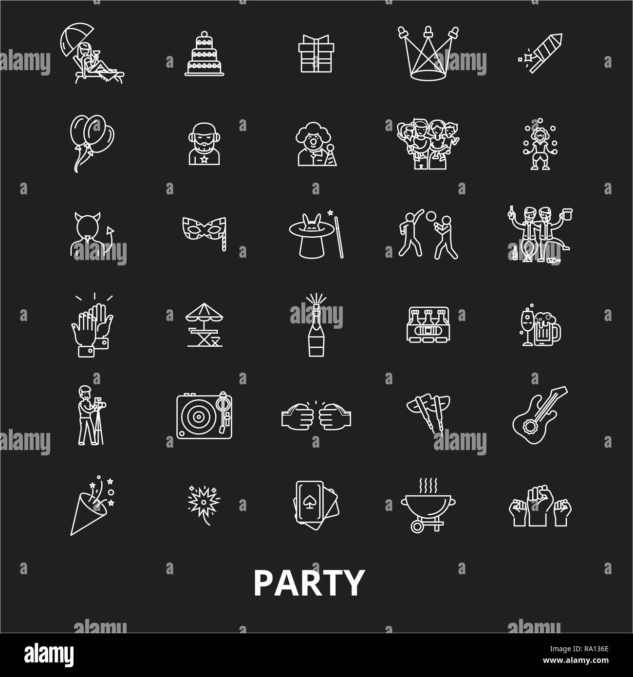 Party editable line icons vector set on black background. Party white outline illustrations, signs, symbols Stock Vector