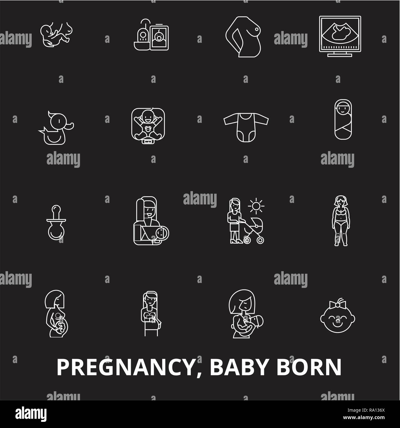 Pregnancy icons editable line icons vector set on black background. Pregnancy icons white outline illustrations, signs, symbols Stock Vector
