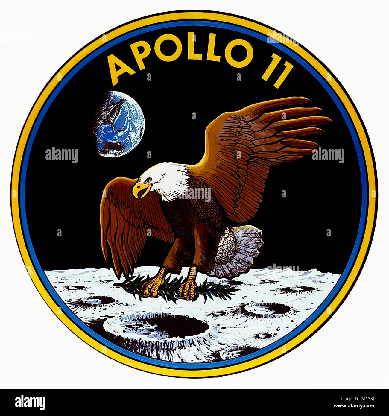 Apollo 11 1969 mission patch featuring the American Bald Eagle delivering an olive branch to the lunar surface as a symbol of the peaceful expedition. The badge was designed collaboratively will the input of the astronauts Neil Armstrong, Buzz Aldrin and Michael Collins. Stock Photo