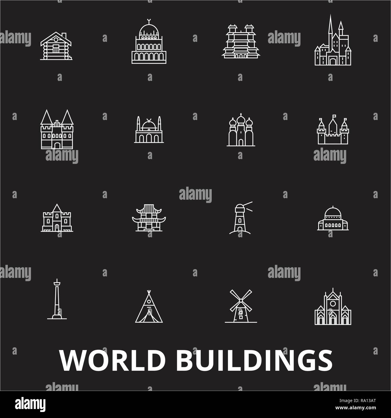 World buildings editable line icons vector set on black background ...