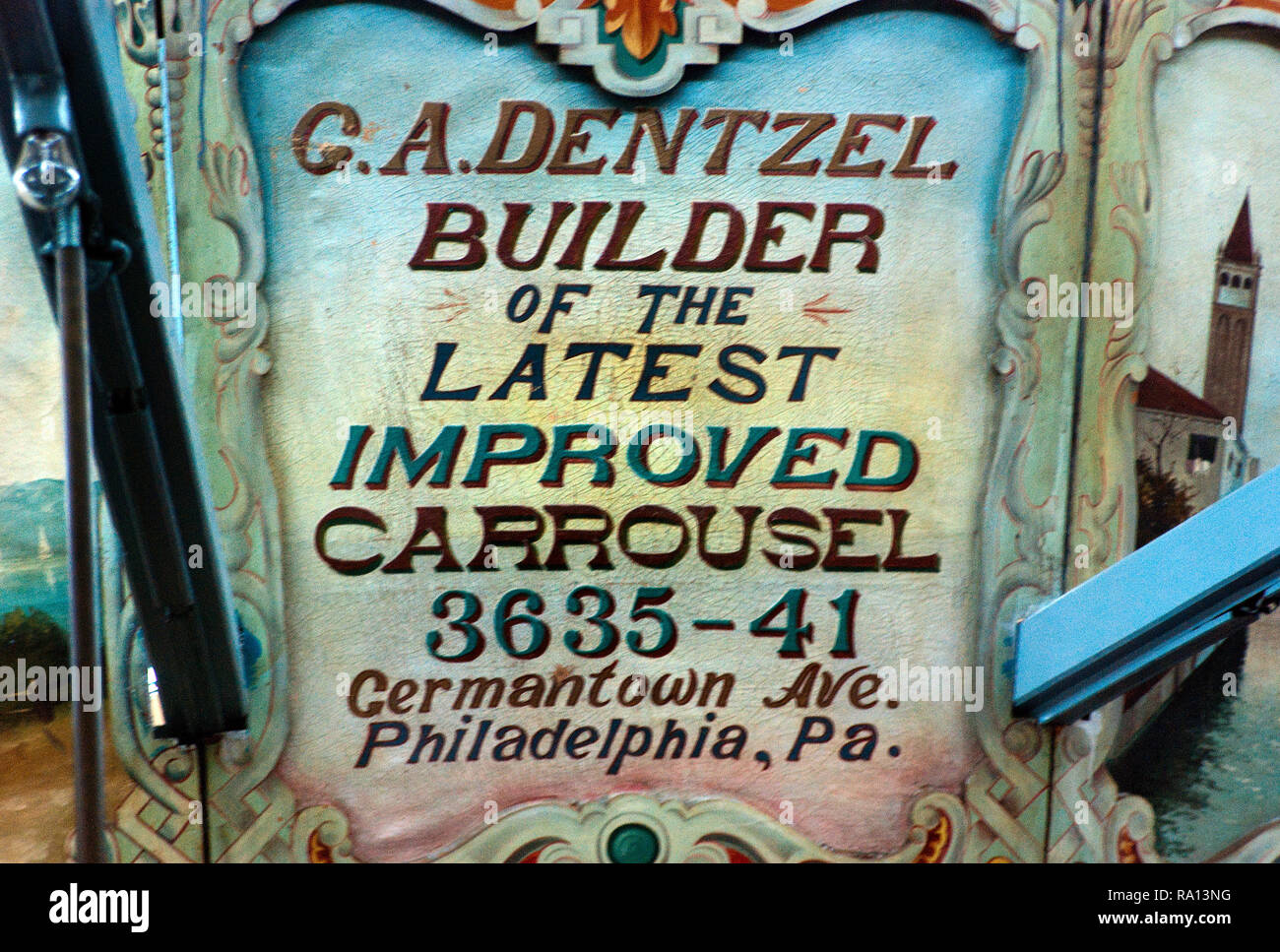 A name plate tells honors the builder of the Dentzel Carousel Jan. 15, 2011 in Meridian, Mississippi. Stock Photo