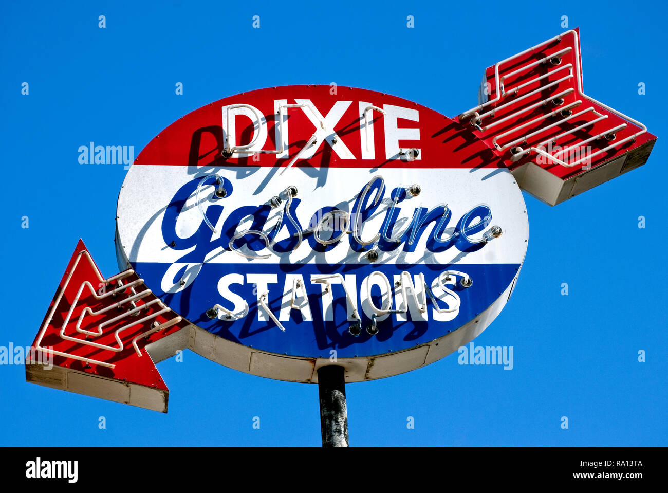 A Dixie Gasoline signs advertises a long-closed business on Fifth Street in Meridian, Mississippi. Stock Photo