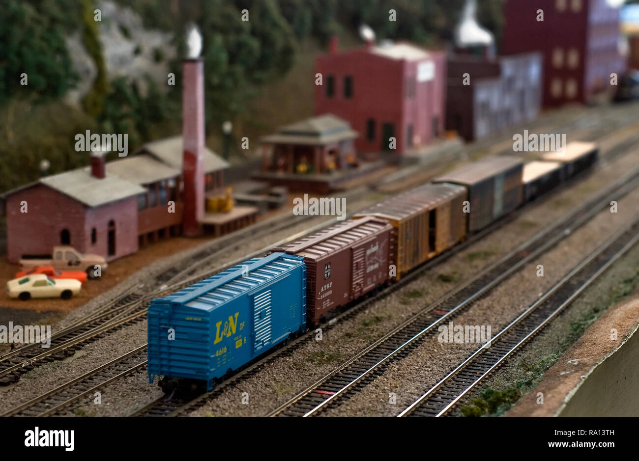 A model train sits on a track at the Meridian Railroad Museum in