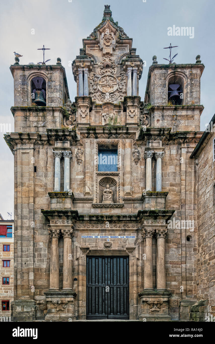 Parish church of Santa Maria la Mayor, facade of baroque art with the image of the Virgin Mother, city of Ourense, Galicia, Spain, Europe. Stock Photo