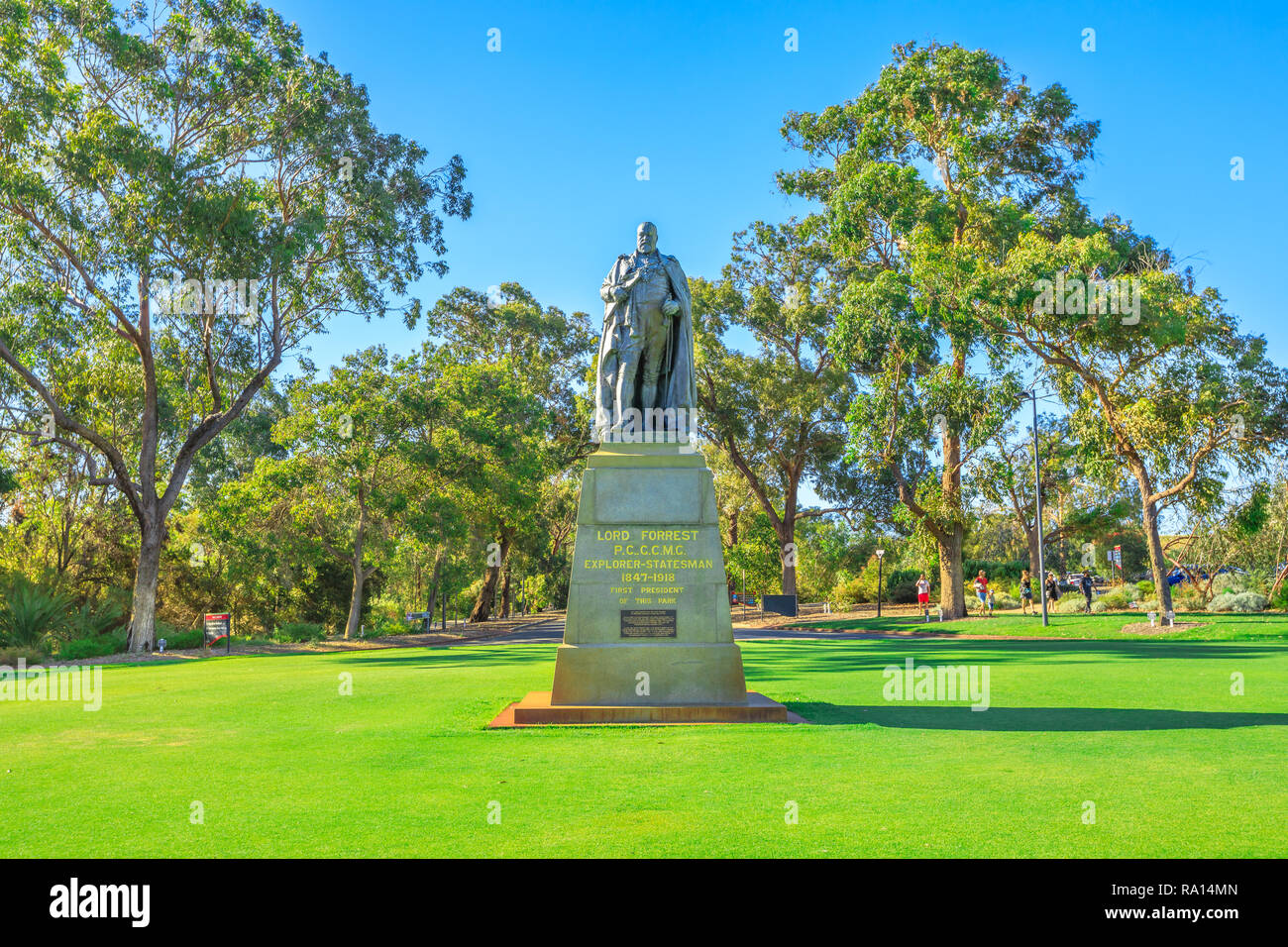 Perth, Australia - Jan 3, 2018: John Forrest statue, the first Premier of Western Australia at Kings Park, the most popular visitor destination in WA on Mount Eliza in Perth. Sunny day with blue sky. Stock Photo