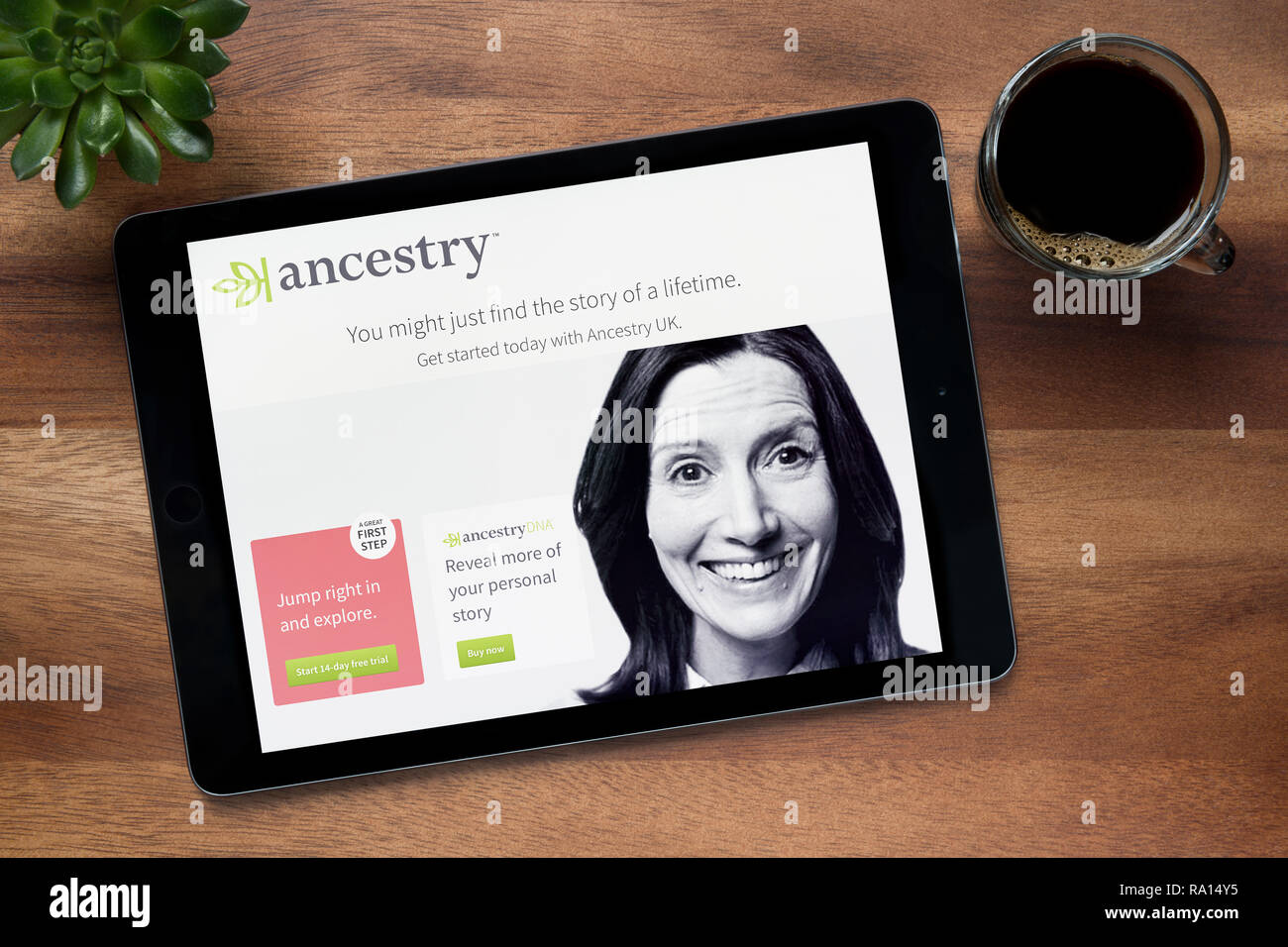 The Ancestry website is seen on an iPad tablet, on a wooden table along with an espresso coffee and a house plant (Editorial use only). Stock Photo