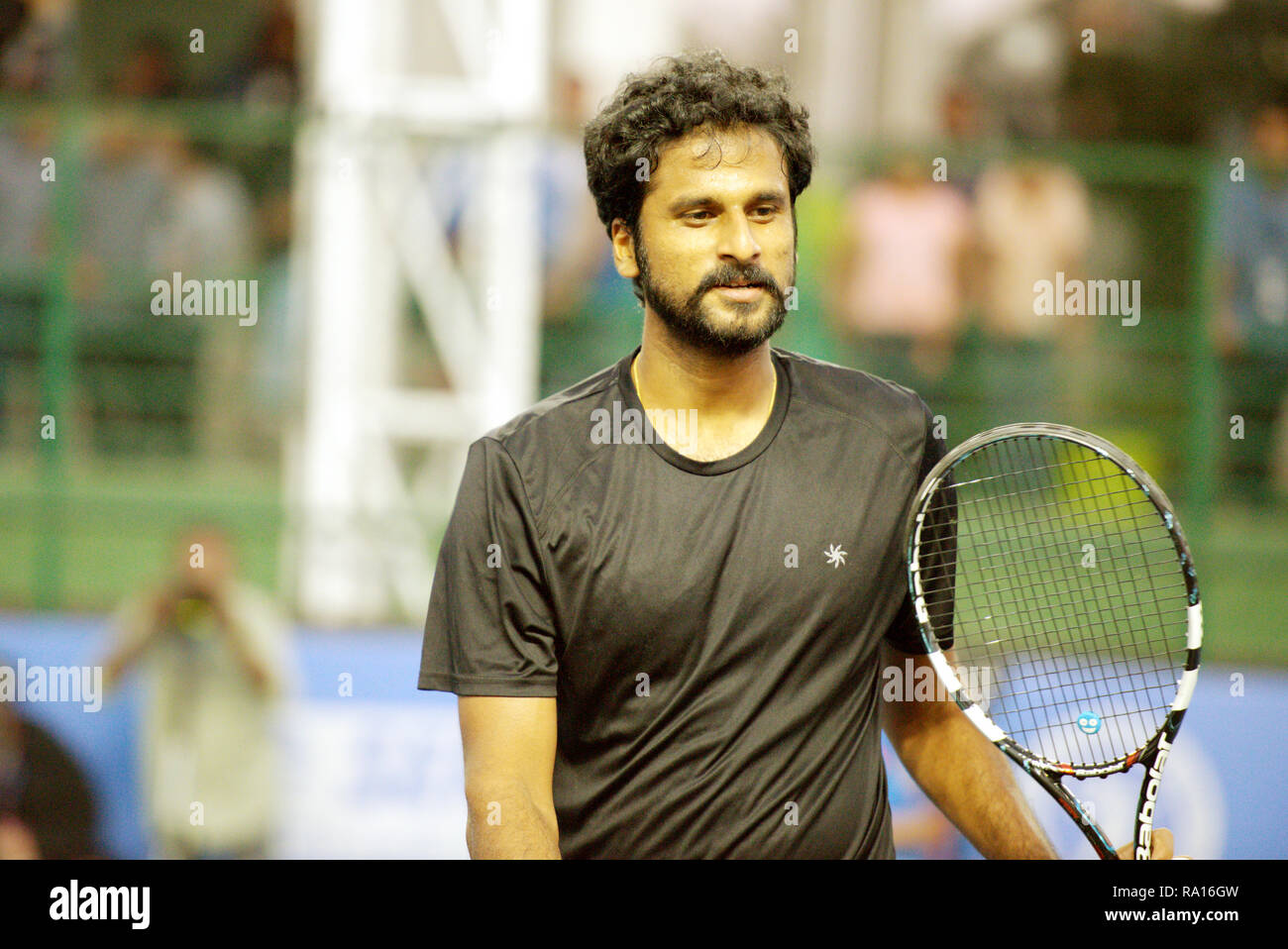 Pune, India. 29th December 2018. Saketh Myneni of India is relaxed after  winning the first round of qualifying singles competition at Tata Open  Maharashtra ATP Tennis tournament in Pune, India. Credit: Karunesh