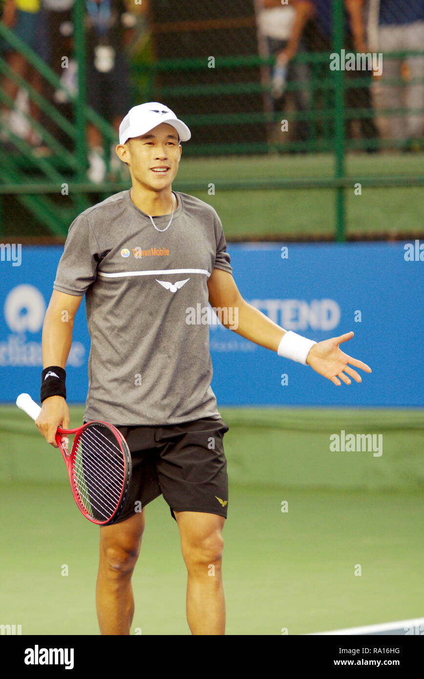 Pune, India. 29th December 2018. Jason Jung of Chinese Taipei reacts during  the first round qualifying singles match at Tata Open Maharashtra ATP Tennis  tournament in Pune, India. Credit: Karunesh Johri/Alamy Live