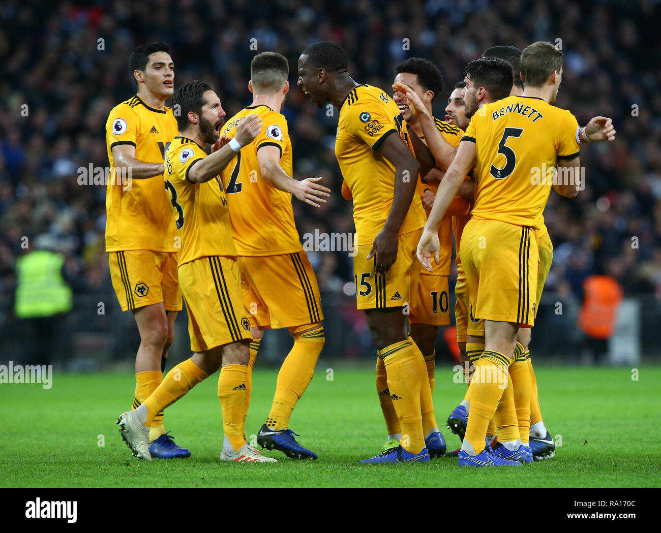 Wembley, London, UK. 29th Dec, 2018. Wolverhampton Wanderers' Willy Bolycelebrates scoring his sides first goal during Premier League between Tottenham Hotspur and Wolverhampton Wanderers at Wembley stadium, London, England on 29 Dec 2018. Credit: Action Foto Sport/Alamy Live News Stock Photo