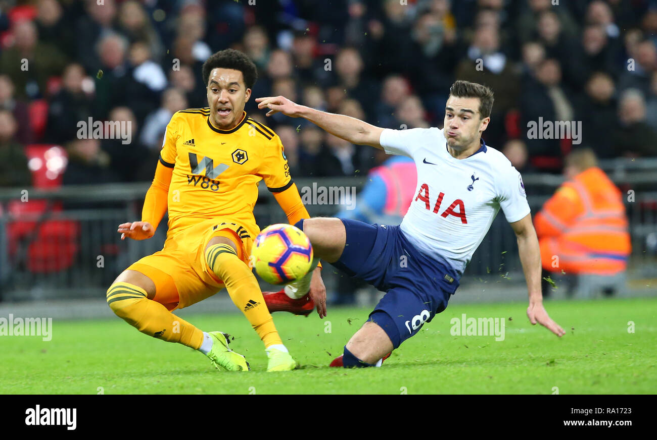 London, England - December 29, 2018 Wolverhampton Wanderers' Helder Costo scores his sides third goal during Premier League between Tottenham Hotspur and Wolverhampton Wanderers at Wembley stadium, London, England on 29 Dec 2018. Credit: Action Foto Sport/Alamy Live News Stock Photo