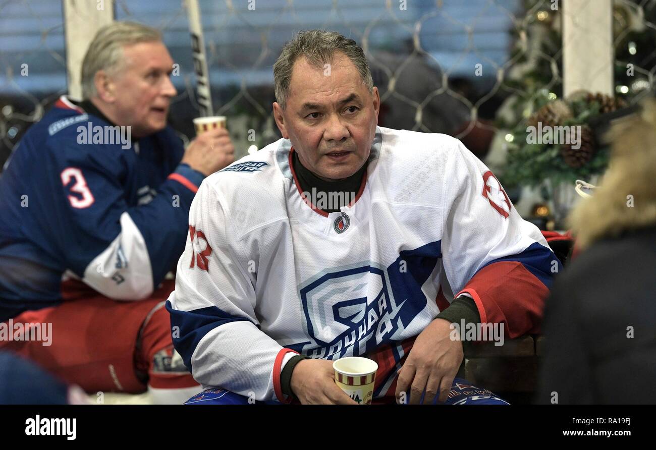 Moscow, Russia. 29th December 2018. Russian Defense Minister Sergei Shoigu following the Night Hockey League match in the rink at the GUM Department store in Red Square December 29, 2018 in Moscow, Russia. Credit: Planetpix/Alamy Live News Stock Photo