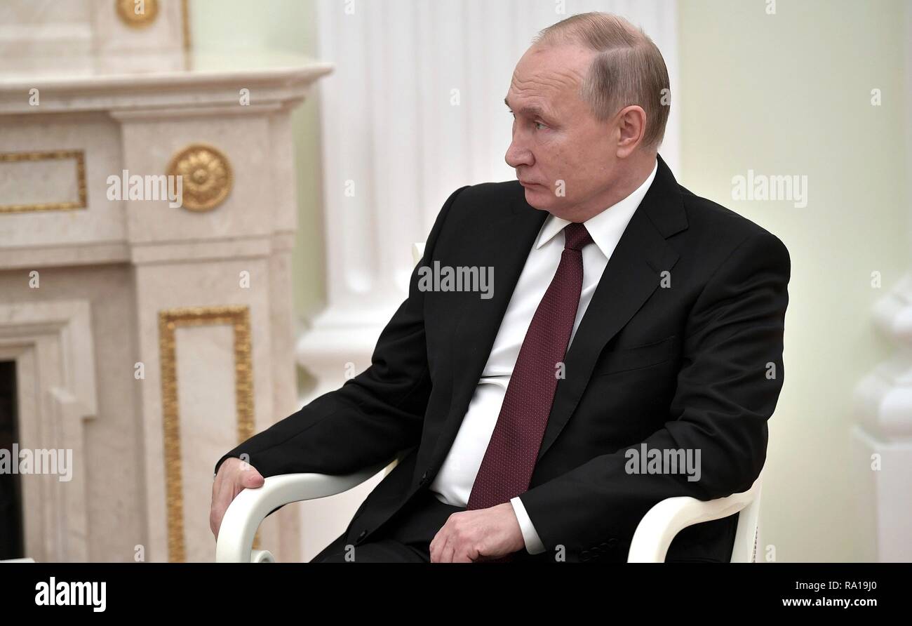 Russian President Vladimir Putin during a bilateral meeting with Belarus President Alexander Lukashenko at the Kremlin December 29, 2018 in Moscow, Russia. Stock Photo