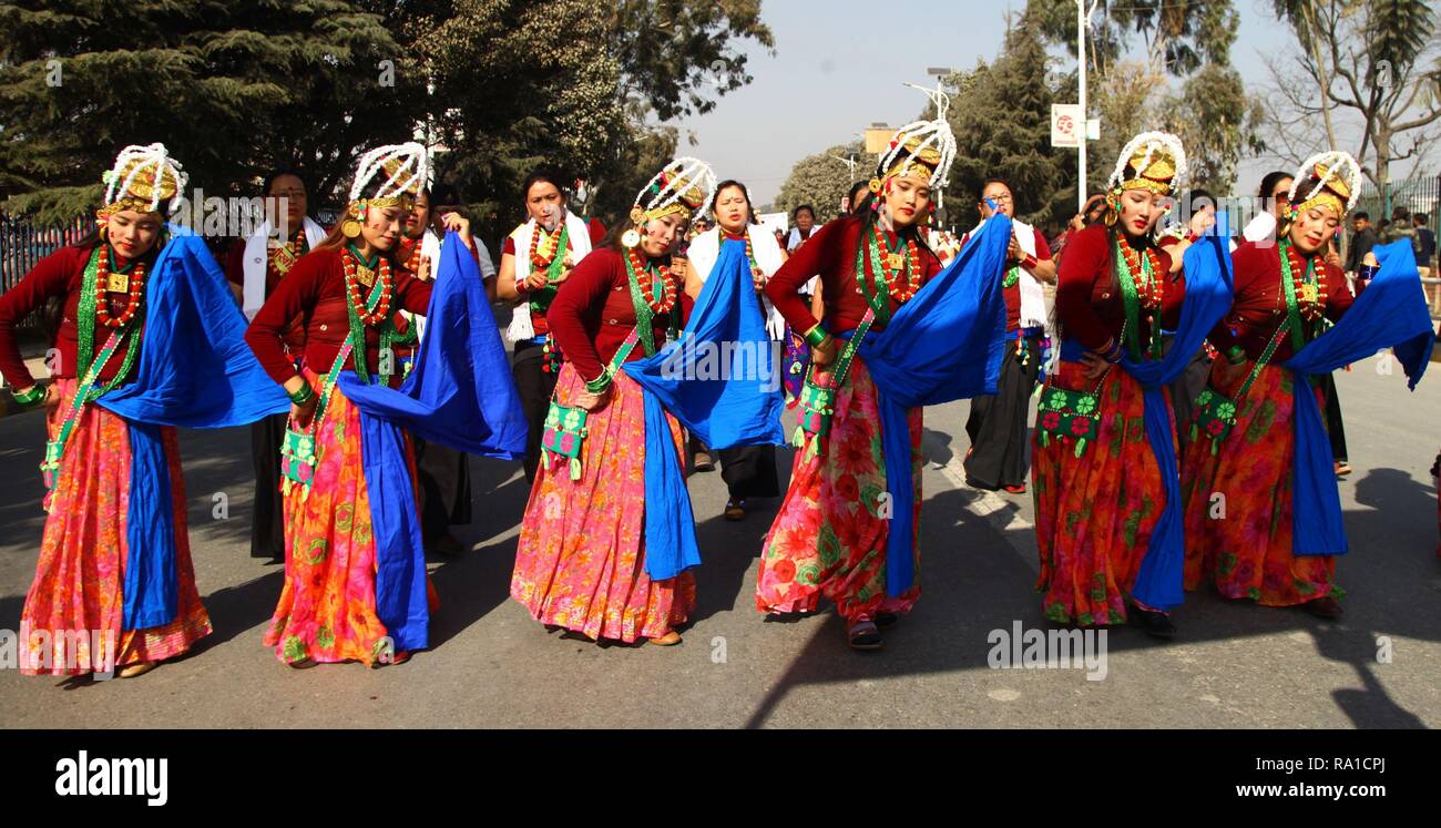Kathmandu, Nepal. 30th Dec, 2018. Women from ethnic Gurung community dance as they celebrate the Tamu Losar (New Year) festival in Kathmandu, Nepal, Dec. 30, 2018. Credit: Sunil Sharma/Xinhua/Alamy Live News Stock Photo
