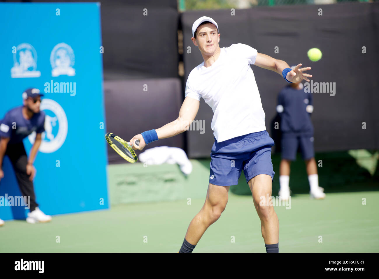 Pune, India. 30th December 2018. Antoine Hoang of France in action in the final round of qualifying singles competition at Tata Open Maharashtra ATP Tennis tournament in Pune, India. Credit: Karunesh Johri/Alamy Live News Stock Photo