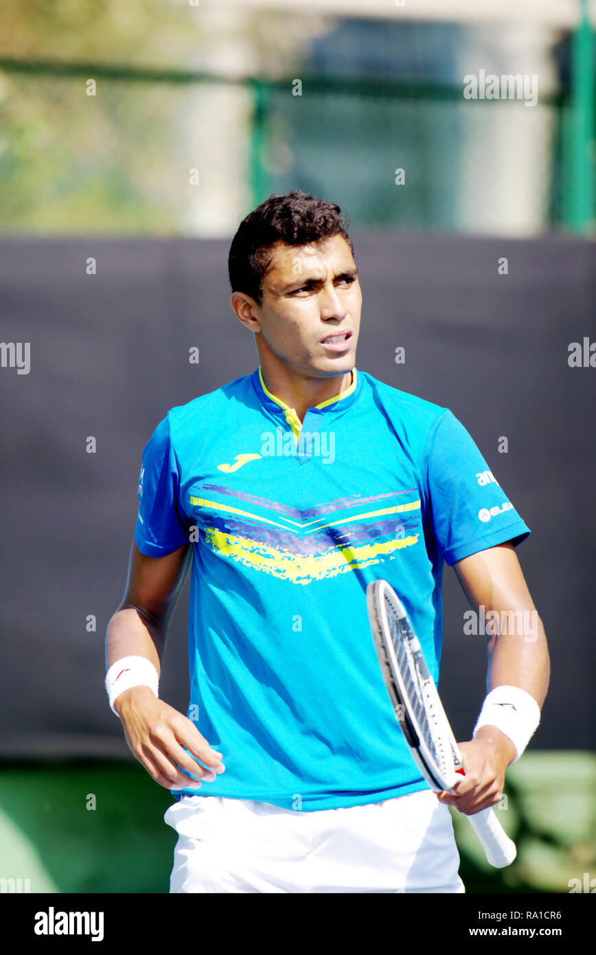 Pune, India. 30th December 2018. Thiago Monteiro of Brazil in action in the  final round of qualifying singles competition at Tata Open Maharashtra ATP  Tennis tournament in Pune, India. Credit: Karunesh Johri/Alamy